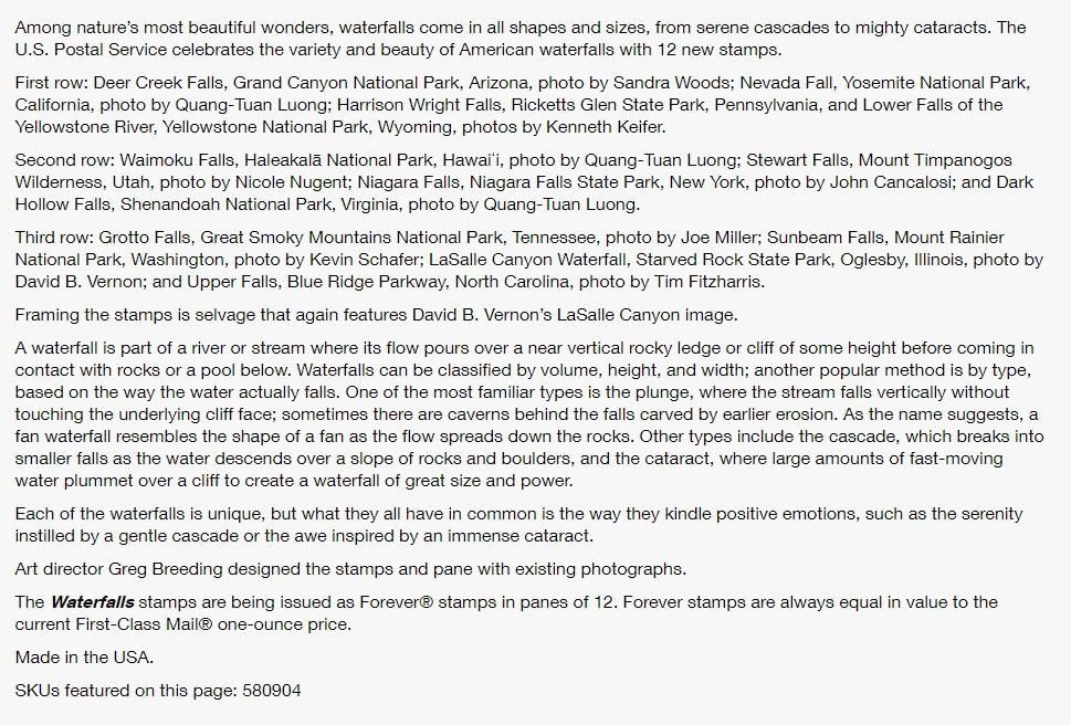 Waterfalls (Sheet of 12) Postage Forever Stamps US Postal First Class Nature Rock River Park Party Announcement Celebration Anniversary Wedding 2023 Scott #5801