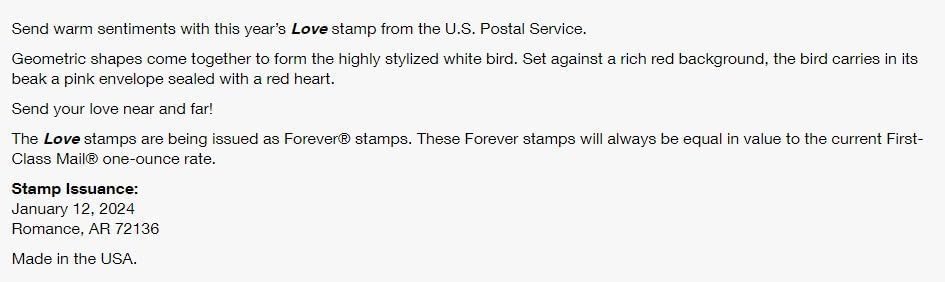 USPS Love 2024 Forever Postage Stamps, Plus Free BD Supply Envelope (100)