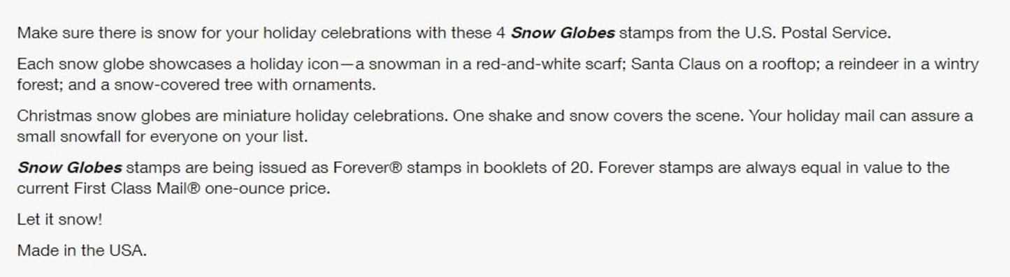 USPS Snow Globes Forever Postage Stamps (A Snowman, Santa Claus Poised on a Chimney, a Majestic Deer, and a Christmas Tree) 2023 Scott #5816-5819