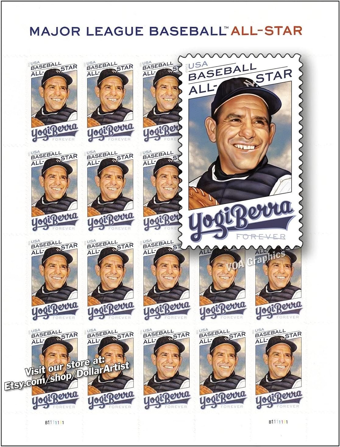 Yogi Berra Baseball Player Forever 1st Class Postage Stamps Sheet of 20