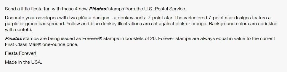 USPS Pinatas (5 Booklets of 20) Forever Postage Stamps Celebrate Hispanic Heritage Latino Festive Celebration Party 2023 Scott #5812-5815