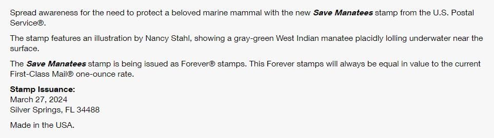 US 2024 SC#5851 Save Manatees Forever Stamps (1Booklet of 20 Stamps) MNH VF