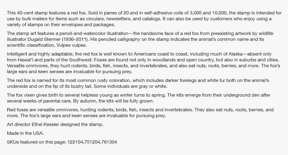 US Stamps 2023 SC#5742, Red Fox Additional Postage Stamps (20 Single Stamps) MNH VF