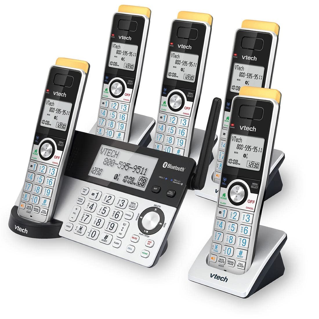 VTech Super Long Range 5 Handset DECT 6.0 Cordless Phone for Home with Answering Machine, 2300 ft Range, Call Blocking, Bluetooth, Headset Jack, Power Backup, Intercom, Expandable to 12 HS