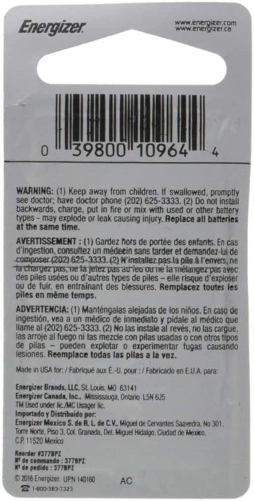 Energizer 1.55 Vcc 377 Silver Oxide Battery