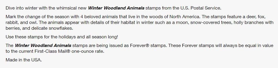 Winter Woodland Animals (Booklet of 20) Forever Postage Stamps (a Deer, Fox, Rabbit, and Owl) 2023 Scott #5822-5825