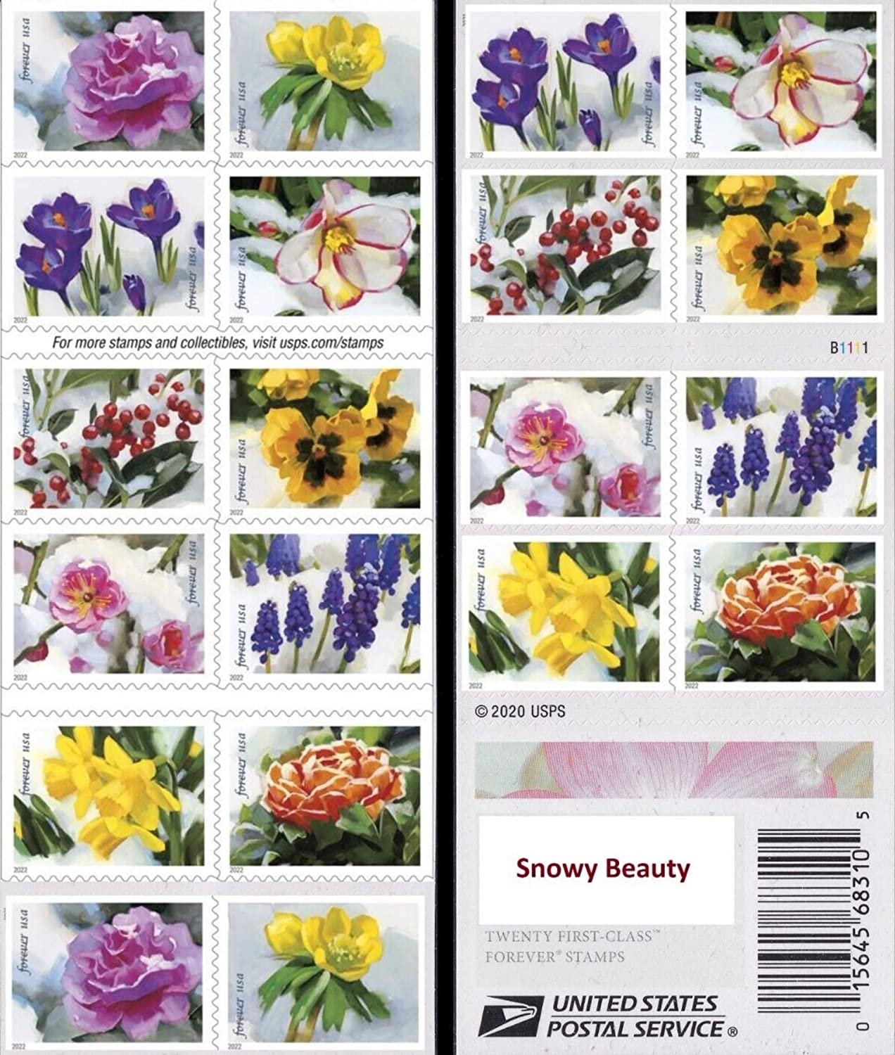 USPS Snowy Beauty (5 Booklets of 20) 100 Postage Forever Stamps, Self-Adhesive, Garden, Wedding, Love, Celebration, Holiday, Winter, Flower, 2022 Scott #5727-5736