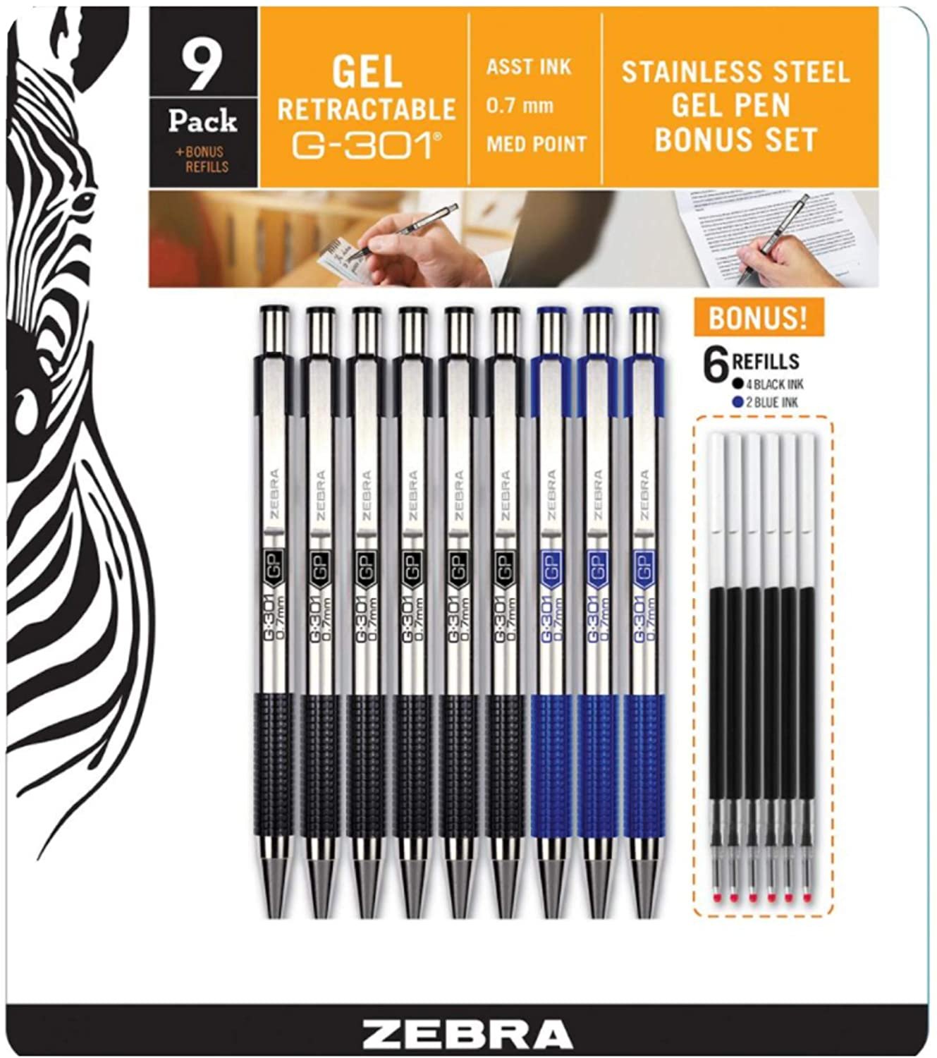 ZEBRA G-301 Gel Stainless Steel 9 Pack w/ 6 Refill Cartridges