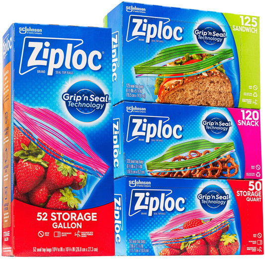 Ziplock-Bags Variety Pack – 52 Storage Gallon Bags - 50 Storage Quart Bags - 125 Sandwich Bags - 120 Snack Bags (Total 347 Bags)