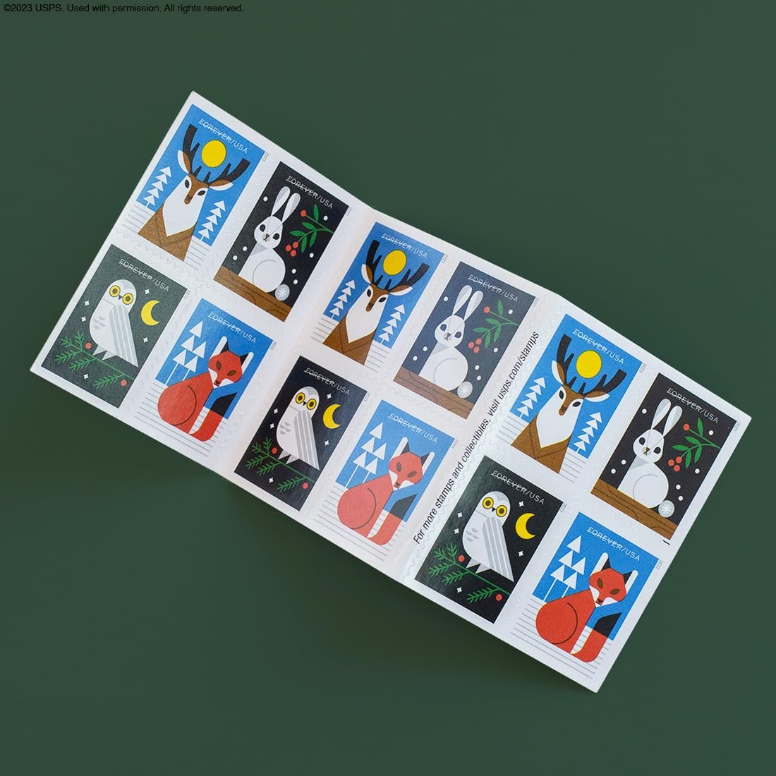 Winter Woodland Animals (Booklet of 20) Forever Postage Stamps (a Deer, Fox, Rabbit, and Owl) 2023 Scott #5822-5825