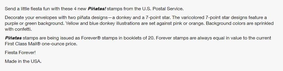 USPS Pinatas (5 Booklets of 20) Forever Postage Stamps Celebrate Hispanic Heritage Latino Festive Celebration Party 2023 Scott #5812-5815