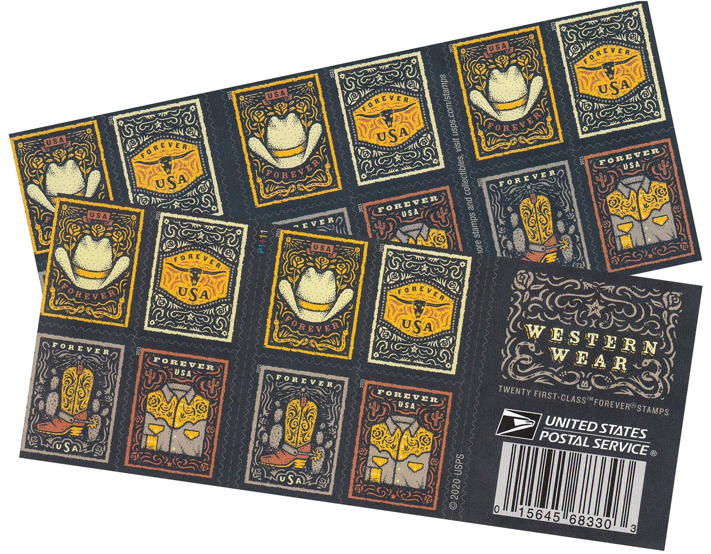 USPS Western Wear (Cowboy Hat, Belt Buckle, Cowboy Boot with Spur, Western Shirt) (Booklet of 20) Postage Forever Stamps 2021 Scott #5615-5618