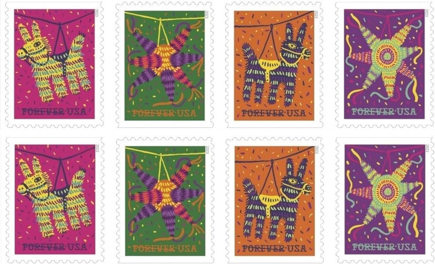 USPS Pinatas (8 pack) Forever Postage Stamps Celebrate Hispanic Heritage Latino Festive Celebration Party 2023 Scott #5812-5815