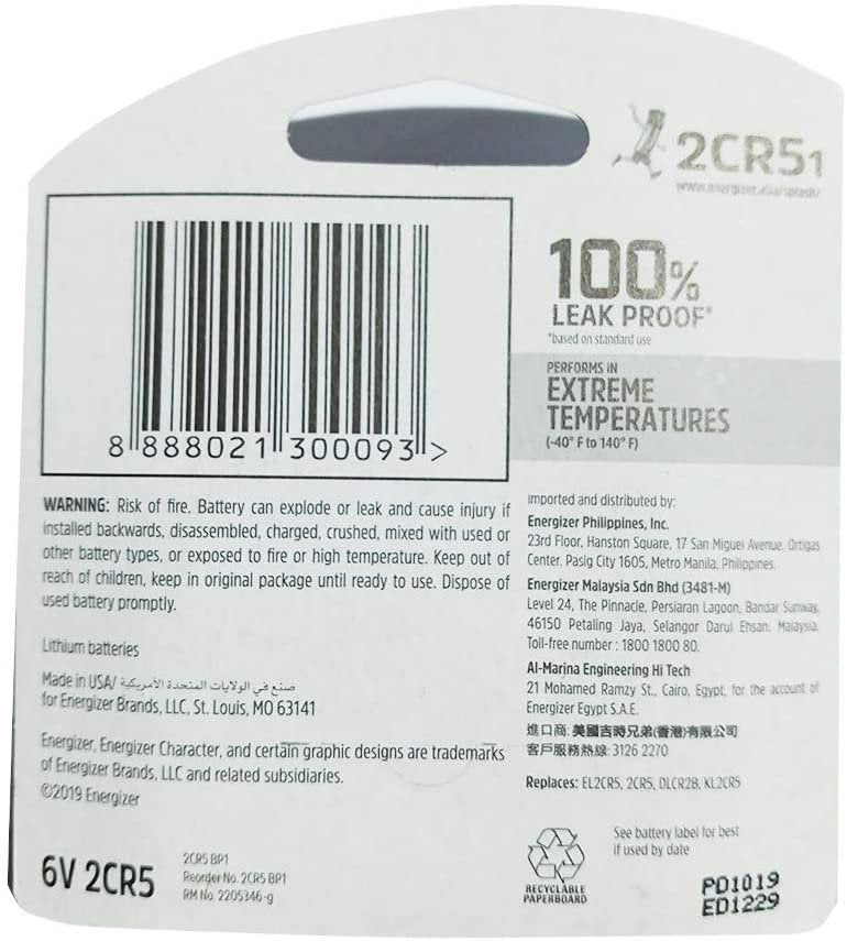 Energizer 2CR5 Lithium Battery (Packaging may vary)