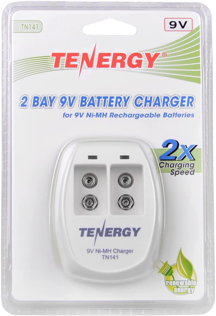 Tenergy TN141 Smart Charger for NiMH 9V Rechargeable Batteries, 9V Cells Battery Charger, 9 Volt NiMH Batteries Charger, 2 Slot  9V Fast Charger for Smoke Detector