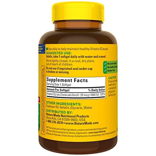 Vitamin D3, 100 Softgels, Vitamin D 1000 IU (25 mcg) Helps Support Immune Health, Strong Bones and Teeth, & Muscle Function, 125% of The Daily Value for Vitamin D in Only One Daily Softgel
