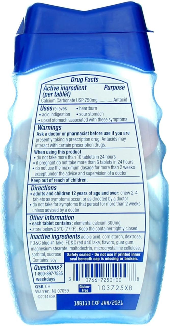 TUMS Extra Strength Smoothies Antacid Chewable Tablets, Berry Fusion, 750 mg, 60 Ct (Pack of 1)