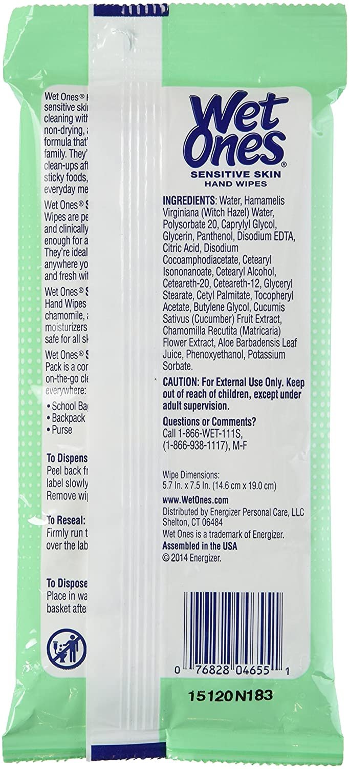 Wet Ones Hand & Face Wipes, Sensitive Skin, Extra Gentle, Travel Pack 15 Each (Pack of 6)