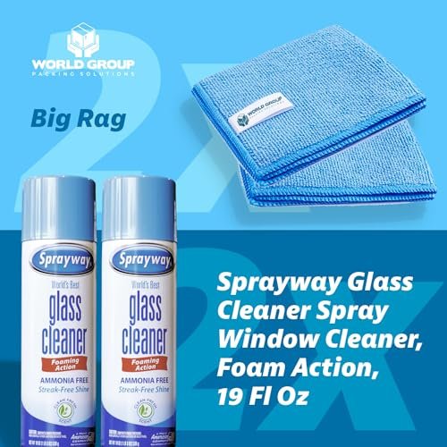 World Group Packing Solutions Glass Cleaner Foam, Foaming Action & Spray, 19oz - 2 Pack - Clean Fresh Scent - Bundled With 2 Microfiber Rags