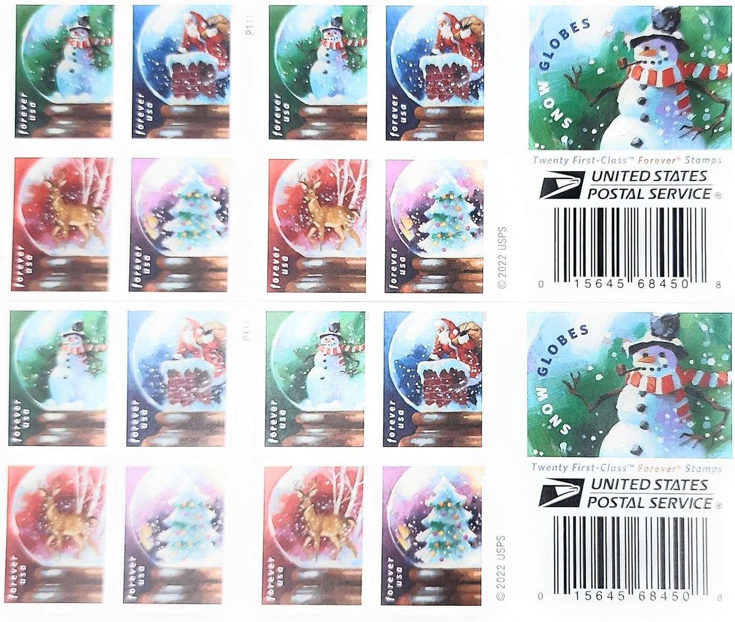 USPS Snow Globes Forever Postage Stamps (A Snowman, Santa Claus Poised on a Chimney, a Majestic Deer, and a Christmas Tree) 2023 Scott #5816-5819
