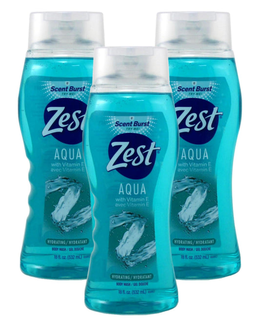Zest Body Wash Aqua with Vitamin-E Hydrating 18 Ounce (Pack of 3)