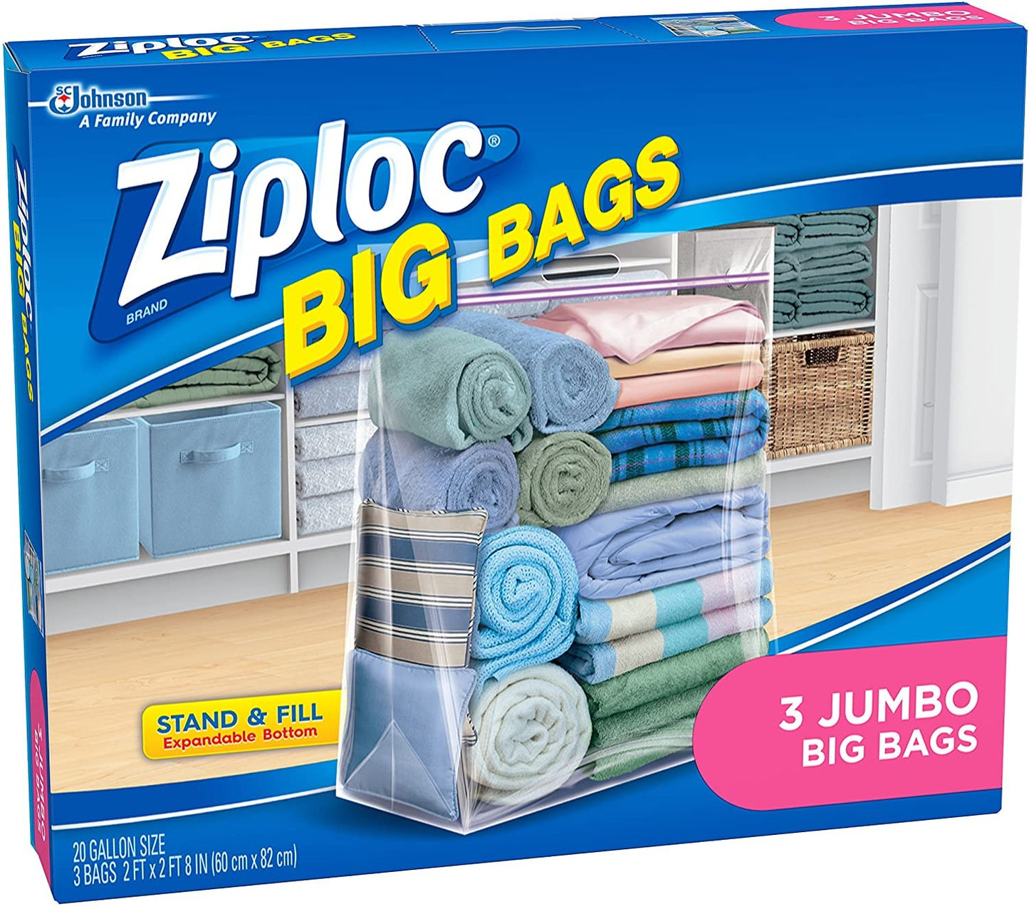 Ziploc Storage Bags, Double Zipper Seal & Expandable Bottom, Jumbo, 3 Count, Big Bag