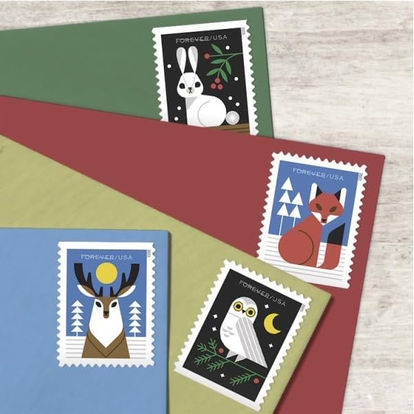 Winter Woodland Animals (Booklet of 20) Forever Postage Stamps (a Deer, Fox, Rabbit, and Owl) 2023 Scott #5822-5825