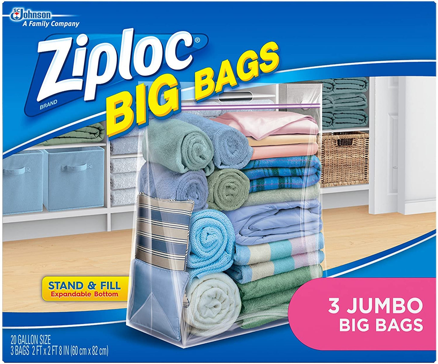 Ziploc Storage Bags, Double Zipper Seal & Expandable Bottom, Jumbo, 3 Count, Big Bag
