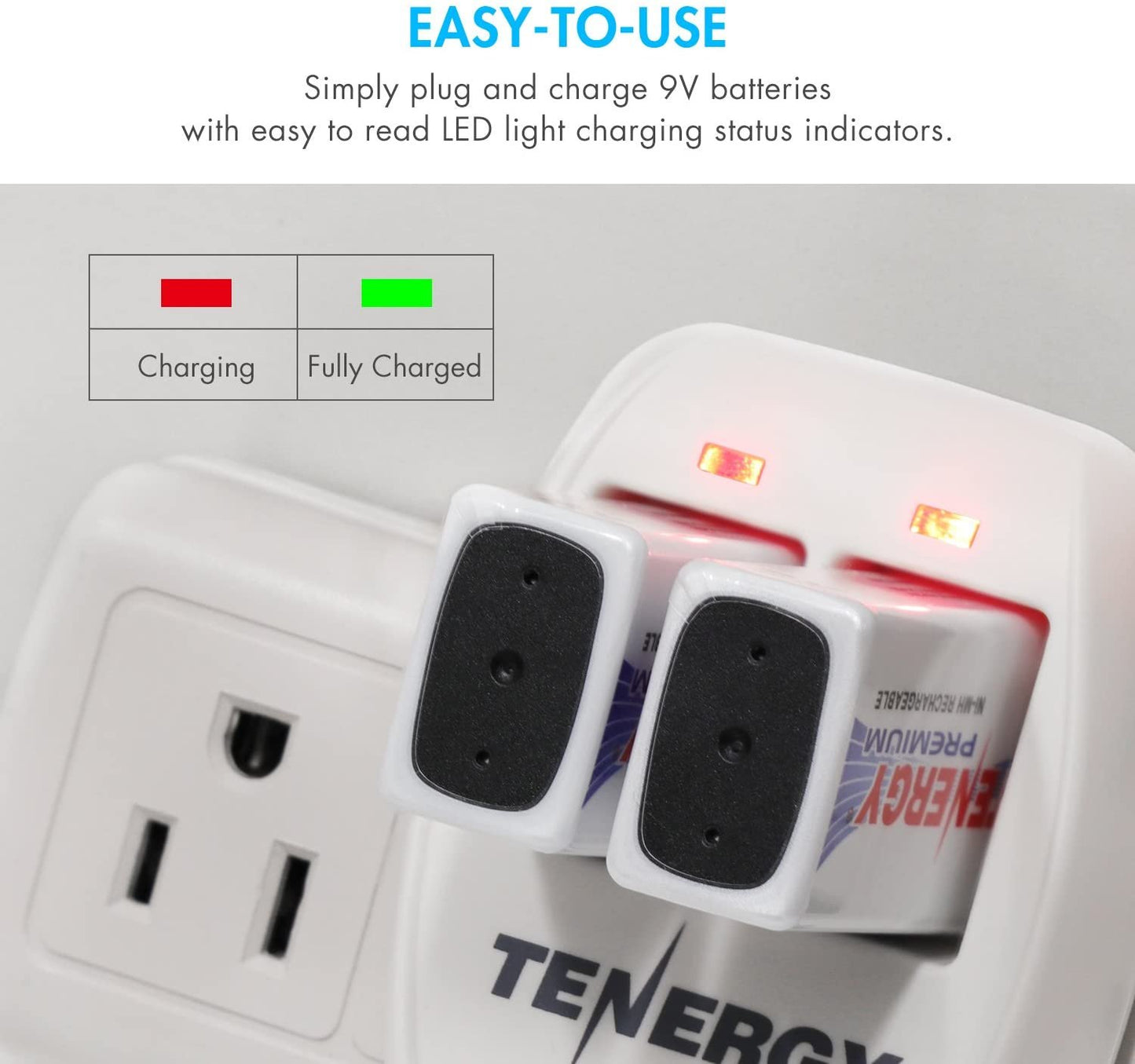 Tenergy TN141 Smart Charger for NiMH 9V Rechargeable Batteries, 9V Cells Battery Charger, 9 Volt NiMH Batteries Charger, 2 Slot  9V Fast Charger for Smoke Detector