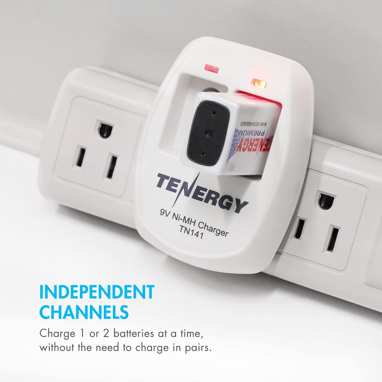 Tenergy TN141 Smart Charger for NiMH 9V Rechargeable Batteries, 9V Cells Battery Charger, 9 Volt NiMH Batteries Charger, 2 Slot  9V Fast Charger for Smoke Detector