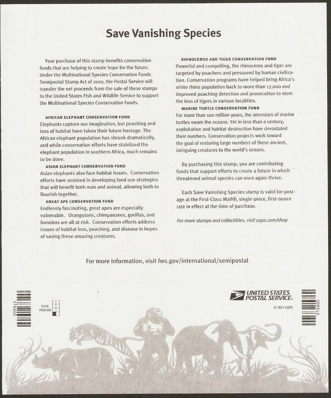 USPS Save Vanishing Species Semi Postal Sheet of Twenty Stamps Scott B4