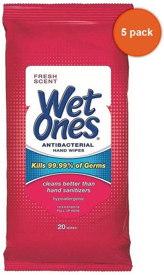 Wet Ones Antibacterial Hand Wipes, Fresh Scent 20 ea (Pack of 5)