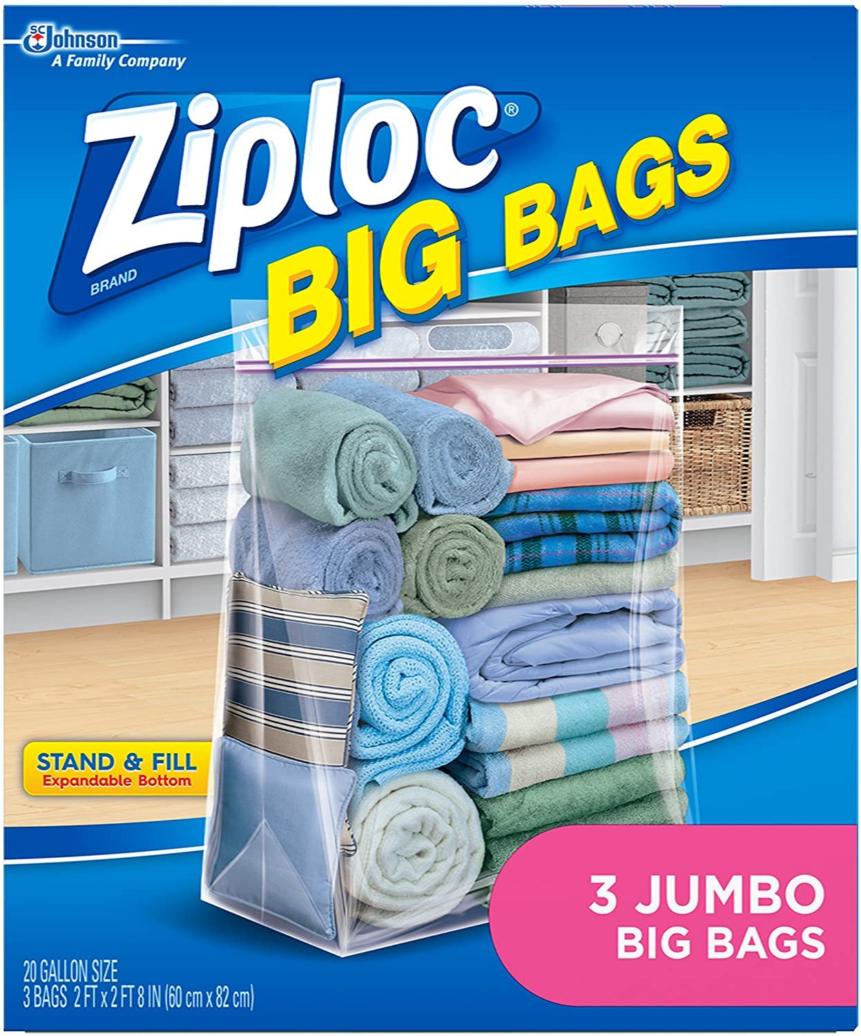 Ziploc Storage Bags, Double Zipper Seal & Expandable Bottom, Jumbo, 3 Count, Big Bag