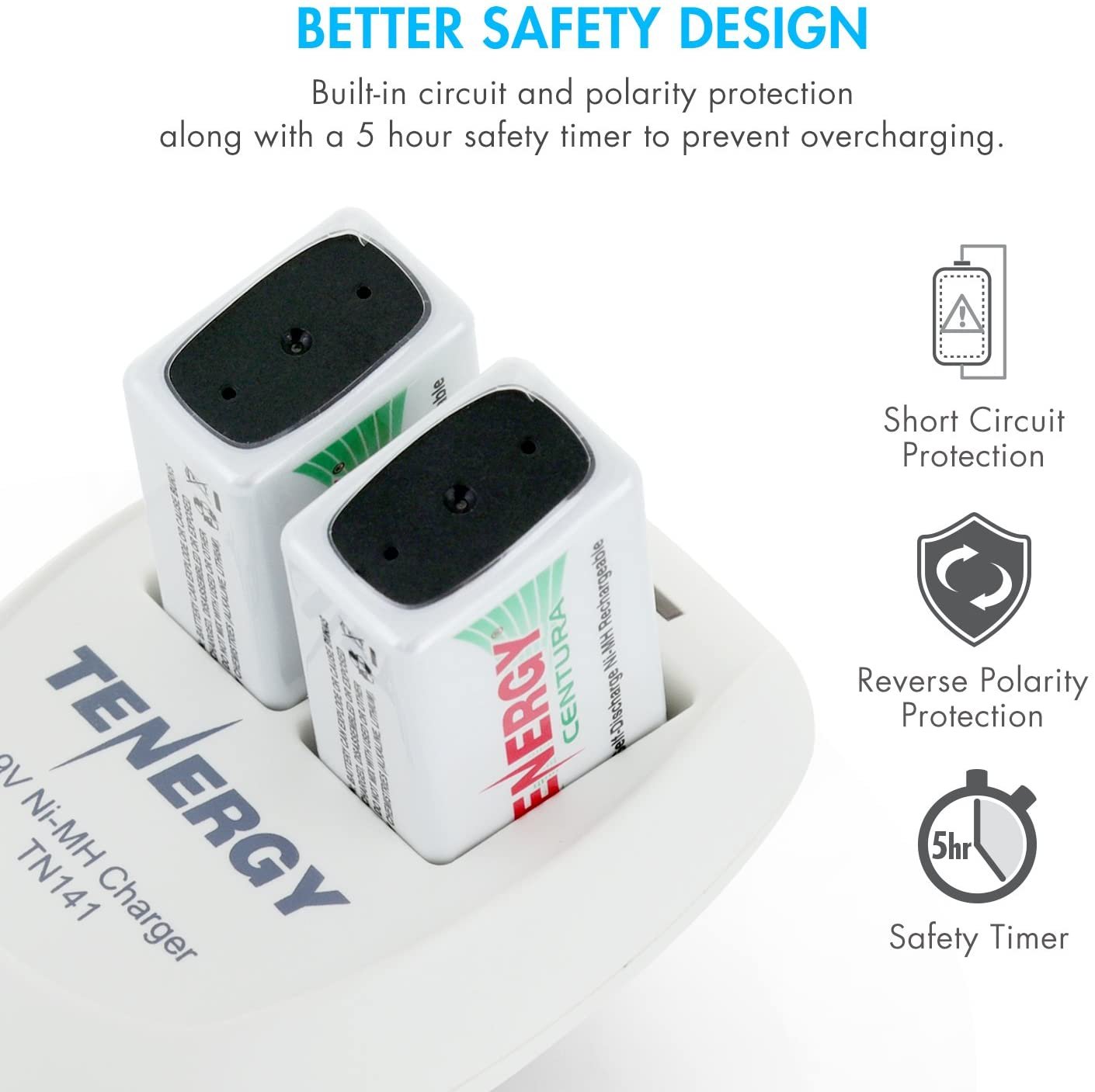 Tenergy TN141 Smart Charger for NiMH 9V Rechargeable Batteries, 9V Cells Battery Charger, 9 Volt NiMH Batteries Charger, 2 Slot  9V Fast Charger for Smoke Detector