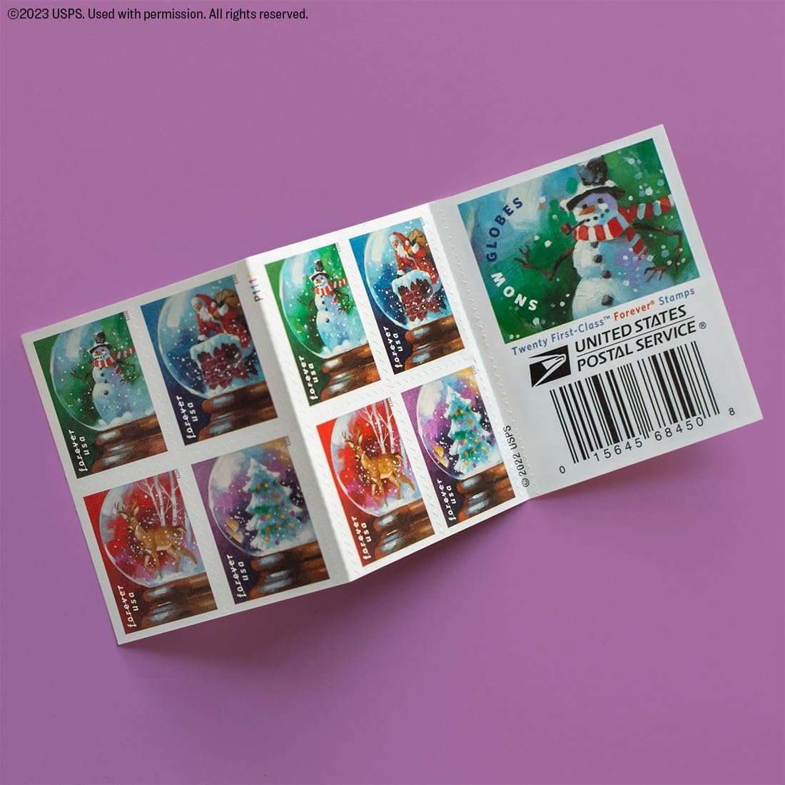 USPS Snow Globes Forever Postage Stamps (A Snowman, Santa Claus Poised on a Chimney, a Majestic Deer, and a Christmas Tree) 2023 Scott #5816-5819
