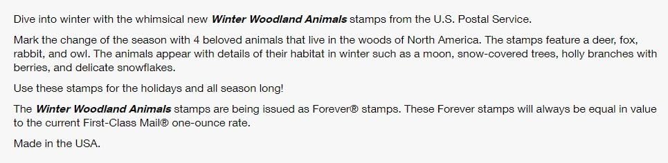 Winter Woodland Animals (Booklet of 20) Forever Postage Stamps (a Deer, Fox, Rabbit, and Owl) 2023 Scott #5822-5825