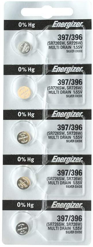 Energizer 397 / 396 (SR726SW, SR726W) Silver Oxide Watch Battery. On Tear Strip