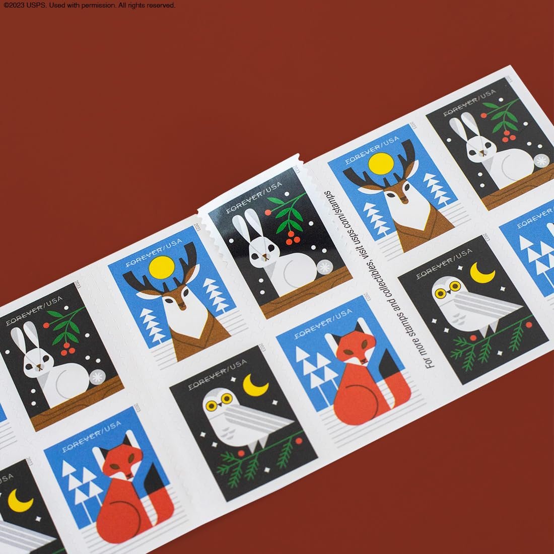 Winter Woodland Animals (Booklet of 20) Forever Postage Stamps (a Deer, Fox, Rabbit, and Owl) 2023 Scott #5822-5825
