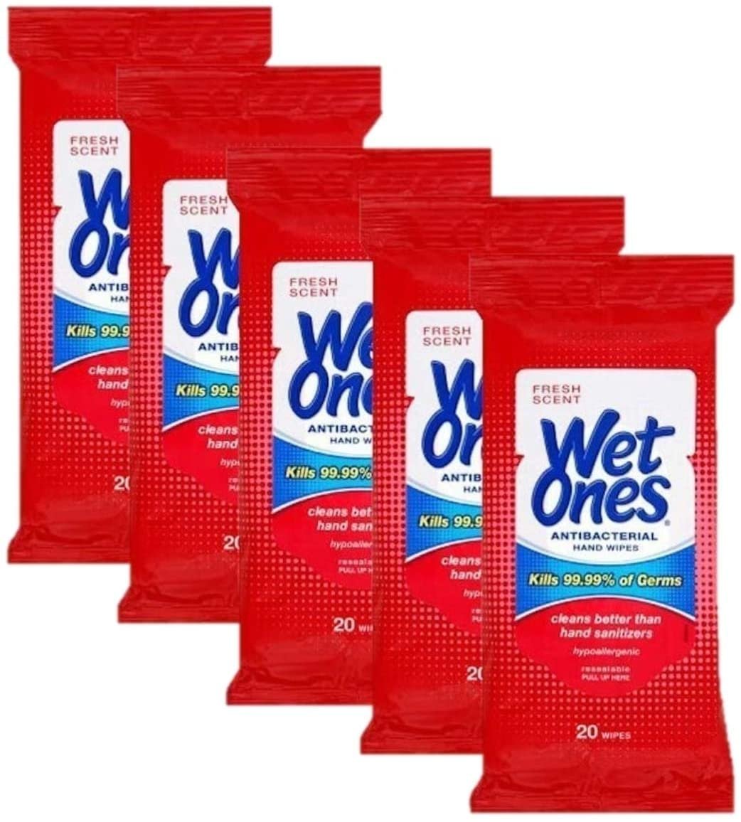 Wet Ones Wipes for Hands & Face, 20 Count Travel Pack (Pack of 5) 100 Wipes Total (Anti Bacterial)