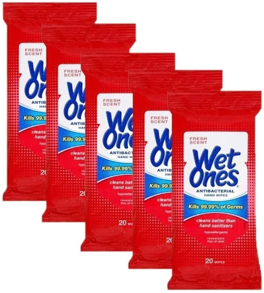 Wet Ones Wipes for Hands & Face, 20 Count Travel Pack (Pack of 5) 100 Wipes Total (Anti Bacterial)