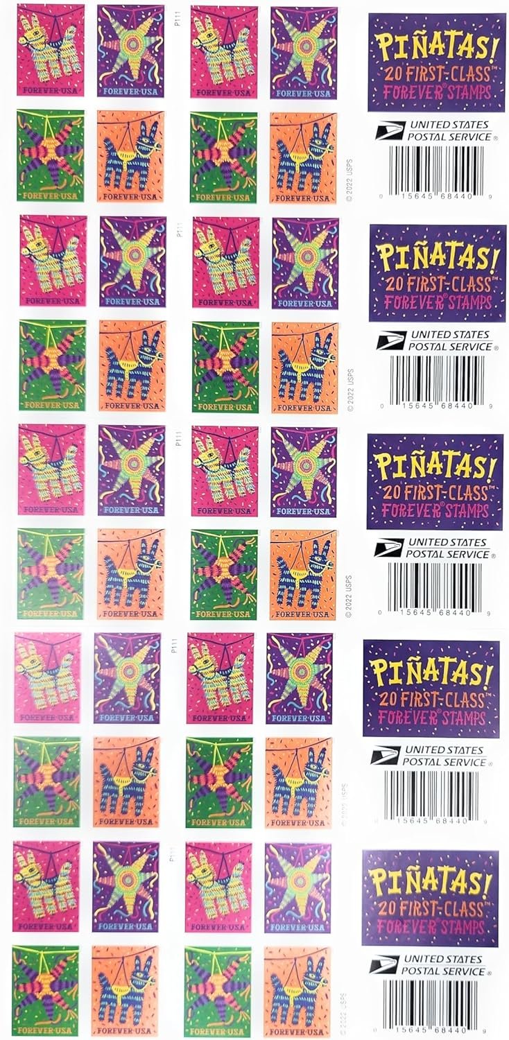 USPS Pinatas (5 Booklets of 20) Forever Postage Stamps Celebrate Hispanic Heritage Latino Festive Celebration Party 2023 Scott #5812-5815