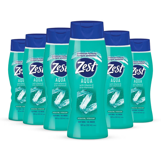 Zest Aqua Hydrating Body Wash, 18 Fl Oz (Pack of 6) - Moisturizing & Refreshing Shower Gel, Easily Lathers for a Relaxing Bubble Bath - Foaming & Exfoliating Skin Cleanser for a Smooth & Clean Skin