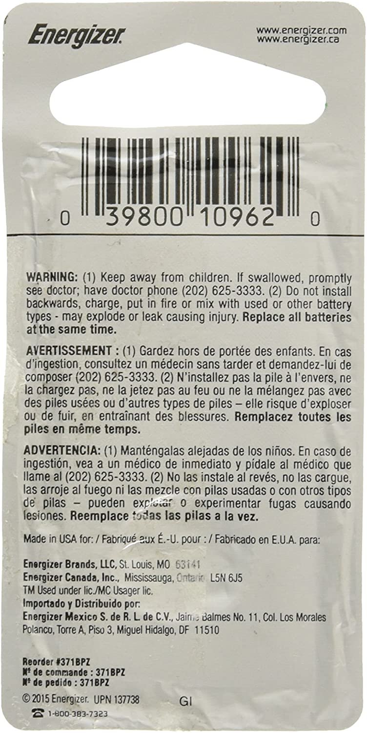 Energizer 371BPZ Zero Mercury Battery - 1 Pack