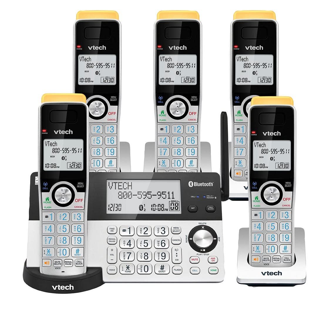 VTech Super Long Range 5 Handset DECT 6.0 Cordless Phone for Home with Answering Machine, 2300 ft Range, Call Blocking, Bluetooth, Headset Jack, Power Backup, Intercom, Expandable to 12 HS