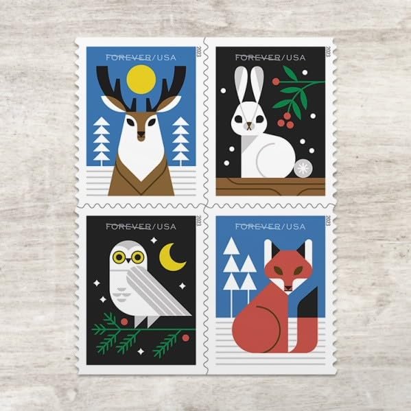 Winter Woodland Animals (Booklet of 20) Forever Postage Stamps (a Deer, Fox, Rabbit, and Owl) 2023 Scott #5822-5825