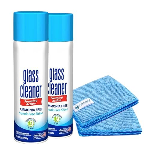 World Group Packing Solutions Glass Cleaner Foam, Foaming Action & Spray, 19oz - 2 Pack - Clean Fresh Scent - Bundled With 2 Microfiber Rags