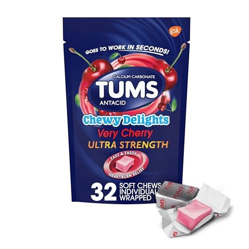 TUMS Chewy Delights Ultra Strength Antacid Soft Chews for Chewable Heartburn Relief and Acid Indigestion Relief, Very Cherry - 32 Count