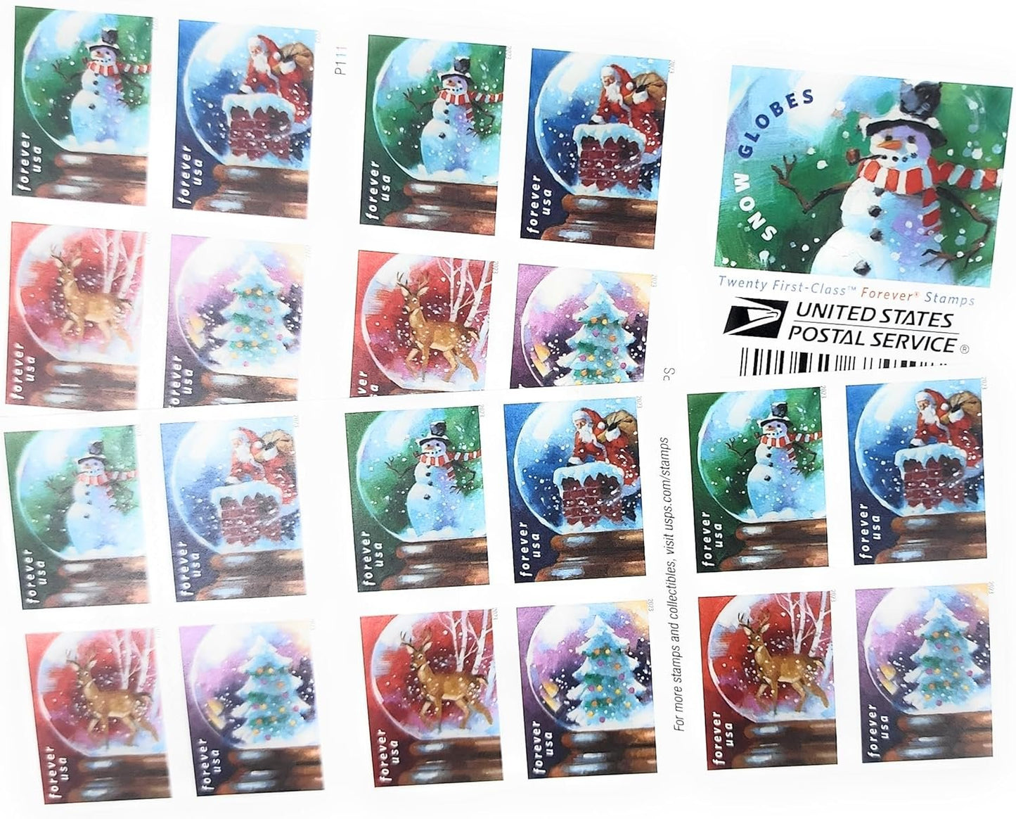 USPS Snow Globes Forever Postage Stamps (A Snowman, Santa Claus Poised on a Chimney, a Majestic Deer, and a Christmas Tree) 2023 Scott #5816-5819