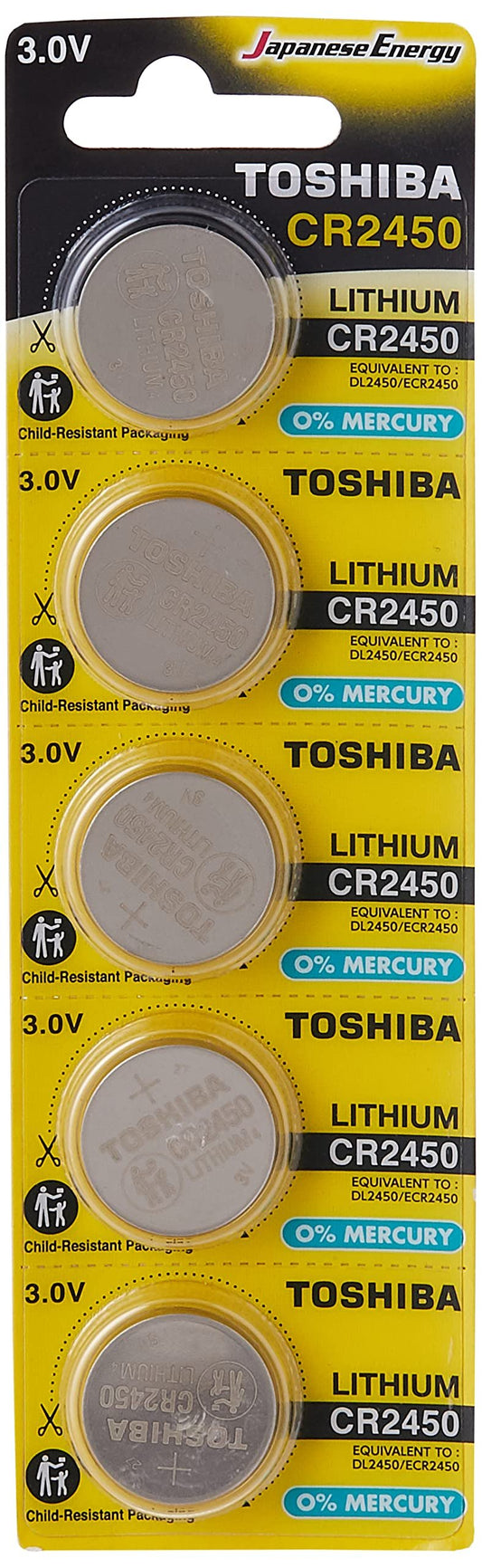 TOSHIBA CR2450 3V Lithium Coin Cell Battery 5 Batteries in Strip Child-Resistant Packaging