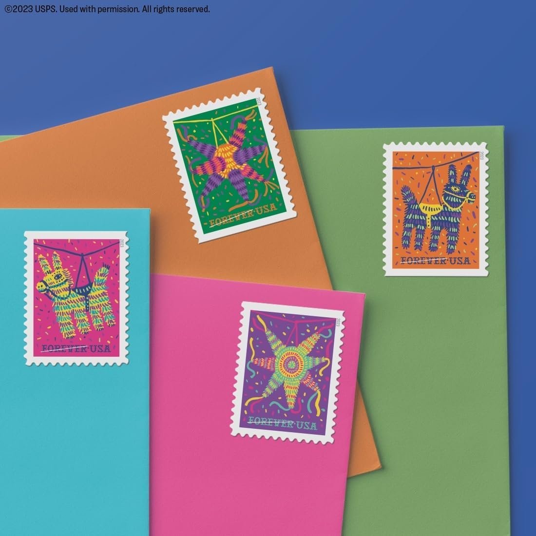 USPS Pinatas (5 Booklets of 20) Forever Postage Stamps Celebrate Hispanic Heritage Latino Festive Celebration Party 2023 Scott #5812-5815